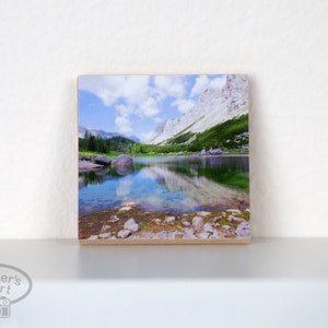 Wood photo tile - Julian Alps Double Lake reflections - Seven Lakes Valley - Triglav National Park Slovenia - 2”x2”x.25” - ships from US