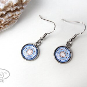 Porto Portugal tile photo earrings - dangly stainless steel - round glass bead - 1.26”x.47” - blue brown creme white - ships from US