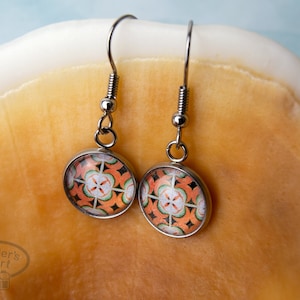 Porto Portugal tile photo earrings - dangly stainless steel - round glass bead - 1.26”x.47” - orange white green - ships from US