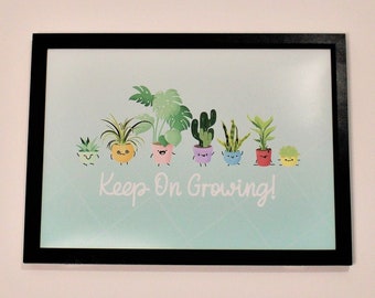 Colourful Houseplant Art Print - Potted Plants, 'Keep On Growing!' - Botanical Wall Art - Fun Bright Wall Décor