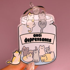 May include: A clear plastic keychain shaped like a jar filled with cartoon cats. The jar has the text "anti depressants" on the front.