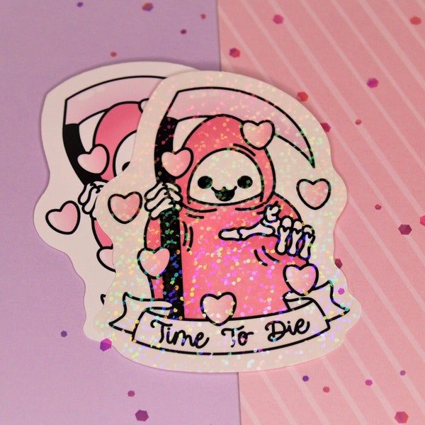 Kawaii Grim Reaper It's Time To Die Glossy Or Holo Sticker, Cute Stickers, Kawaii Goth, Cute Grim Reaper, Pastel Goth, Halloween, Gifts