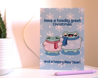 Kawaii Winter Frogs Christmas Card - Have A Toadily Great Christmas And A Hoppy New Year - Fun Greetings Card Puns