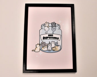 Cute Cat Art Print - Anti depressant Cats Art Print - Mental Health Wall Art - Cute Pink Home Décor