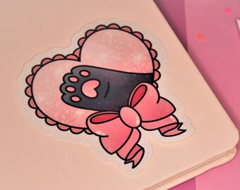 Kawaii Cat Paw Pink Heart Sticker with Bow - Sweet Pink Decal for Planners - Unique Cat Themed Gift for Cat Lovers