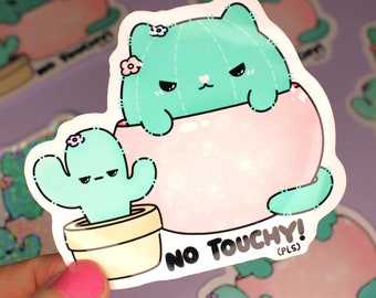Cute Cactus Kitty Sticker - No Touchy (PLS) - Mental Health Decals - Cat Lover Gifts