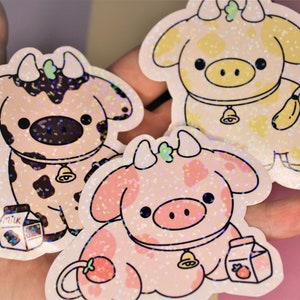 Kawaii Milkshake Cows Stickers - Set of 3 Cow Stickers - Strawberry, Banana, Chocolate - Cute Kawaii Vinyl Sticker - Animal Lover Gifts