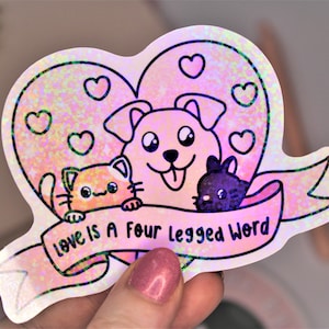 L'amour est un mot autocollant à quatre pattes - Sticker coeur mignon avec chien, lapin et chat - Cadeaux pour les amoureux des animaux - Stickers en vinyle pour ordinateurs portables