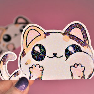 Kawaii Squished Cat Peeker Sticker - Fun and Cute Cat Decal - Glossy or Holo Vinyl Sticker - Decorative Decal