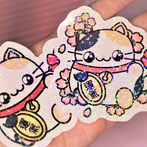 Sticker chat porte-bonheur kawaii et fleurs de cerisier - (avec ou sans fleurs de cerisier) - sticker maneki-neko kawaii - stickers chats mignons pour agenda