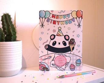 Cute Panda Birthday Card - Happy Birthday Greetings Card - Rainbow Panda Card - Kawaii Birthday Cards