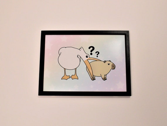 Cute Capybara Art Print - Pelican Eating Capybara - Rainbow Wall Art - Starry Rainbow Print - Kawaii Capybara Gifts