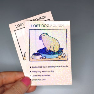May include: A holographic lost dog poster featuring a cartoon capybara with the text "LOST DOG FOUND!" and a list of facts about the capybara: "Looks mad but is actually rather friendly", "Pretty long teeth for a dog", "Loves belly scratches", "Sleeps ALL DAY".