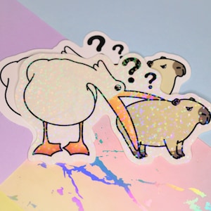 Sticker meme drôle de pélican et de capybara - duo d'animaux hilarant - pélican confus mangeant du capybara - autocollants en vinyle mignons pour agenda