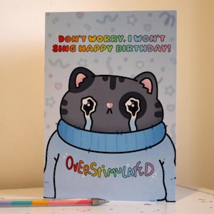 Jolie carte d'anniversaire de chat surstimulé - Ne vous inquiétez pas, je ne chanterai pas Happy Birthday ! - Carte de voeux pour amoureux des chats - Cartes de fantaisie sarcastiques
