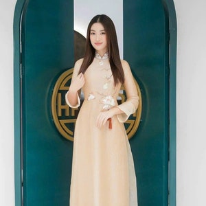 Beige Embroidery Lotus Shiny Chiffon Ao Dai Set | Pre-made Traditional Vietnamese Ao Dai| Women Ao Dai with Pants | Lunar New Year|7B