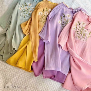 Girl Chiffon Bow Daisy Ao Dai Set (4 Colors) |Pre-made Traditional Vietnamese Ao Dai|Lunar New Year| Kid Ao Dai| Ao Dai for Girl |35,36A