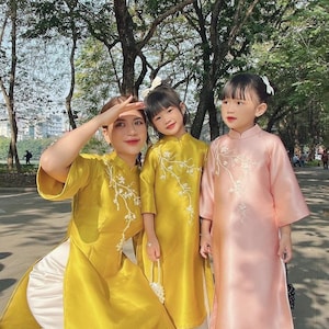 Mom and Daughter Yellow Ribbons Matching Ao Dai Set| Pre-made Traditional Vietnamese Ao Dai | Lunar New Year | Ao Dai for Girl, Mom|31D