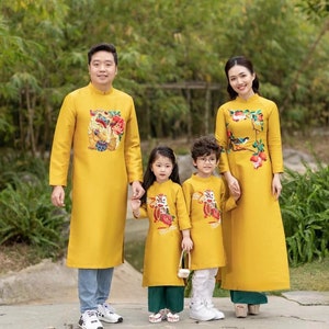 Family Yellow Embroidery Ao Dai Set23D| Pre-made Traditional Vietnamese Ao Dai| Lunar New Year | Ao Dai for Girl, Mom, Dad, Boy | Ao Dai Tet