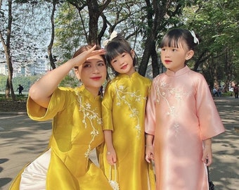 Mom and Daughter Yellow Ribbons Matching Ao Dai Set| Pre-made Traditional Vietnamese Ao Dai | Lunar New Year | Ao Dai for Girl, Mom|31D