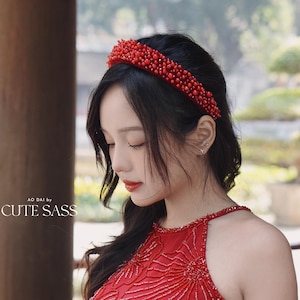 Bling Plush Headband - (Red, White) | Pre-made Vietnamese Ao Dai Accessories | Vietnamese Accessories | Wedding Ao Dai Headband