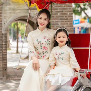 Mom and Daughter Cream Embroidery Ao Dai Set 33B| Pre-made Traditional Vietnamese Ao Dai| Lunar New Year | Ao Dai for Girl, Mom |Ao Dai Tet|