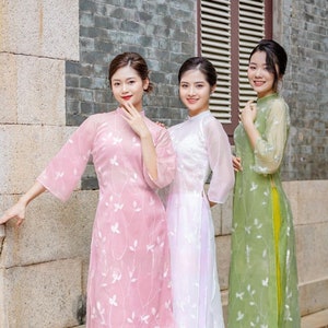 Shifted Chiffon Embroidery Leaf Ao Dai Top Only, NO PANTS (4 Colors) 33/34|Premade Modernized Vietnamese Ao Dai|Pastel Ao Dai Lunar New Year