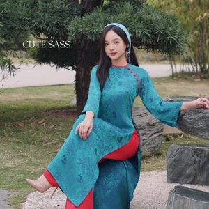 Deep Turquoise Tu Minh Pattern Silk with Buttons Ao Dai Set 10C|Pre-made Modernized Vietnamese Ao Dai with Pants | Lunar New Year |