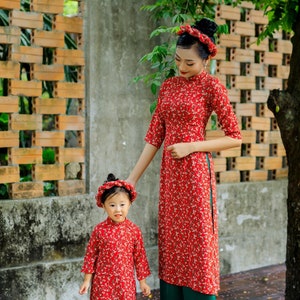 Mom and Daughter Red Matching Ao Dai Set with Headbands | Pre-made Traditional Vietnamese Ao Dai| Lunar New Year |Ao Dai for Girl, Women|20B