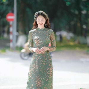 Green Mini Flowers Chiffon Ao Dai Set with Headband | Pre-made Traditional Vietnamese Ao Dai|Ao Dai with Pants|Lunar New Year Ao Dai|32B