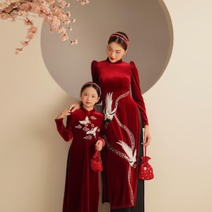Mom and Daughter Red Velvet Phoenix Ao Dai Set 7/35A| Pre-made Traditional Vietnamese Ao Dai| Lunar New Year|Ao Dai for Girl Mom|Ao Dai Tet|