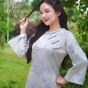 Yen - Silver/Blue Mountain Bows Ao Dai Top Only, No Pants 43A|Pre-made Vietnamese Women Ao Dai with Pants | Lunar New Year|Ao Dai Cach Tan