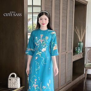 Turquoise Printed Chiffon Ao Dai Set | Pre-made Modernized Vietnamese Ao Dai| Women Ao Dai with Pants| Lunar New Year| Ao Dai Cach Tan|A3