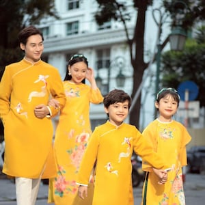 Family Yellow Koi/Floral Ao Dai Set 15E 6E | Pre-made Vietnamese Ao Dai| Lunar New Year | Ao Dai for Dad, Boy | Ao Dai Tet|