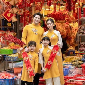 Family Yellow Pearls Ao Dai Set (No Headband) 5E| Pre-made Vietnamese Ao Dai| Lunar New Year | Ao Dai for Girl, Mom, Dad, Boy | Ao Dai Tet|