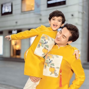 Men and Boy Yellow Pom Ao Dai Set 28C| Pre-made Vietnamese Ao Dai| Lunar New Year | Ao Dai for Dad, Boy | Ao Dai Tet