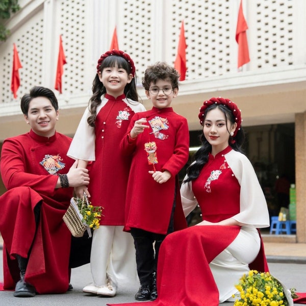 Family DEEP RED Pearls Ao Dai Set (No Headband)27A| Pre-made Vietnamese Ao Dai| Lunar New Year | Ao Dai for Girl, Mom, Dad, Boy |Ao Dai Tet|