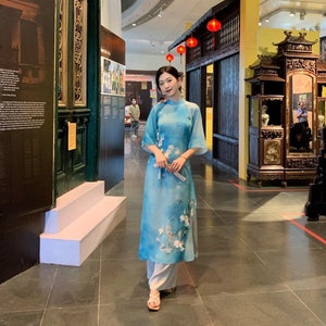 Cool Blue Chiffon Ao Dai Set | Pre-made Modernized Vietnamese Ao Dai | Women Ao Dai with Pants| Lunar New Year|B2