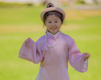 Girl Áo Tấc - Pink | Girl Ao Tac | Áo Ngũ Thân Tay Thụng | Ao Dai Truyen Thong | Pre-made Vietnamese Viet Phuc|40A