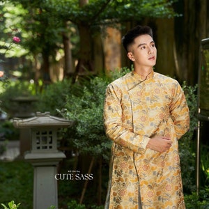 Men Gold Dragon Clouds 3D Gam Ao Dai Top 36C| Pre-made Traditional Vietnamese Ao Dai| Lunar New Year | Ao Dai for Dad, Boy | Ao Dai Tet|