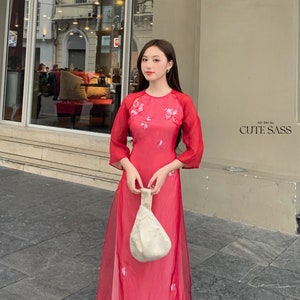 Red 3D Flowers Braided Neckline Cut Out Ao Dai Set 1B| Pre-made Modernized Vietnamese Ao Dai | Pastel Ao Dai  | Lunar New Year|