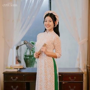 White/Orange Hoa Ao Dai Set with Twisted Headband | Pre-made Vietnamese Traditional Ao Dai| Lunar New Year | Women Ao Dai with Pants|14A