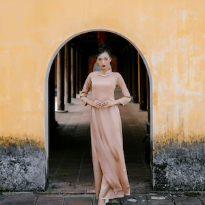 Salmon Color Hai Da Silk Plain Ao Dai Set |Pre-made Traditional Vietnamese Ao Dai |Ao Dai with Pants| Lunar New Year|Ao Dai Truyen Thong|18A