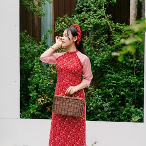 Red/Pink Hoa Ao Dai Set with Twisted Headband | Pre-made Vietnamese Traditional Ao Dai| Lunar New Year | Women Ao Dai with Pants|15A