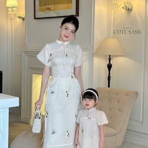 Mom and Daughter Cream Mini Flowers Ao Dai Set 34C| Pre-made Traditional Vietnamese Ao Dai | Lunar New Year | Ao Dai for Girl, Mom|B4