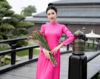 Hot Pink Traditional Gấm Ao Dai Set 14E
