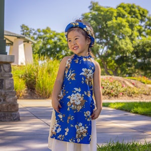 Girl Blue Yem with Headband34C| Pre-made Traditional Vietnamese Ao Dai | Lunar New Year| Ao Dai Truyen Thong | Kid Ao Dai | Ao Dai for Girl