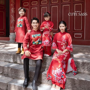Cat Tuong - Family Red Vibrant Matching Ao Dai Set (No Tassel) 31C| Pre-made Traditional Vietnamese Ao Dai | Lunar New Year |