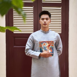 Men Gray Printed Ao Dai Top 13E| Pre-made Traditional Vietnamese Ao Dai|Lunar New Year | Ao Dai for Dad | Ao Dai Truyen Thong| Ao Dai Tet |