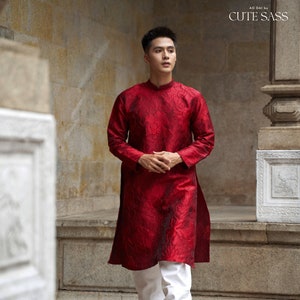 Men Red Sparkle Gam Ao Dai Top 38D| Pre-made Traditional Vietnamese Ao Dai| Lunar New Year | Ao Dai for Dad, Boy | Ao Dai Tet|